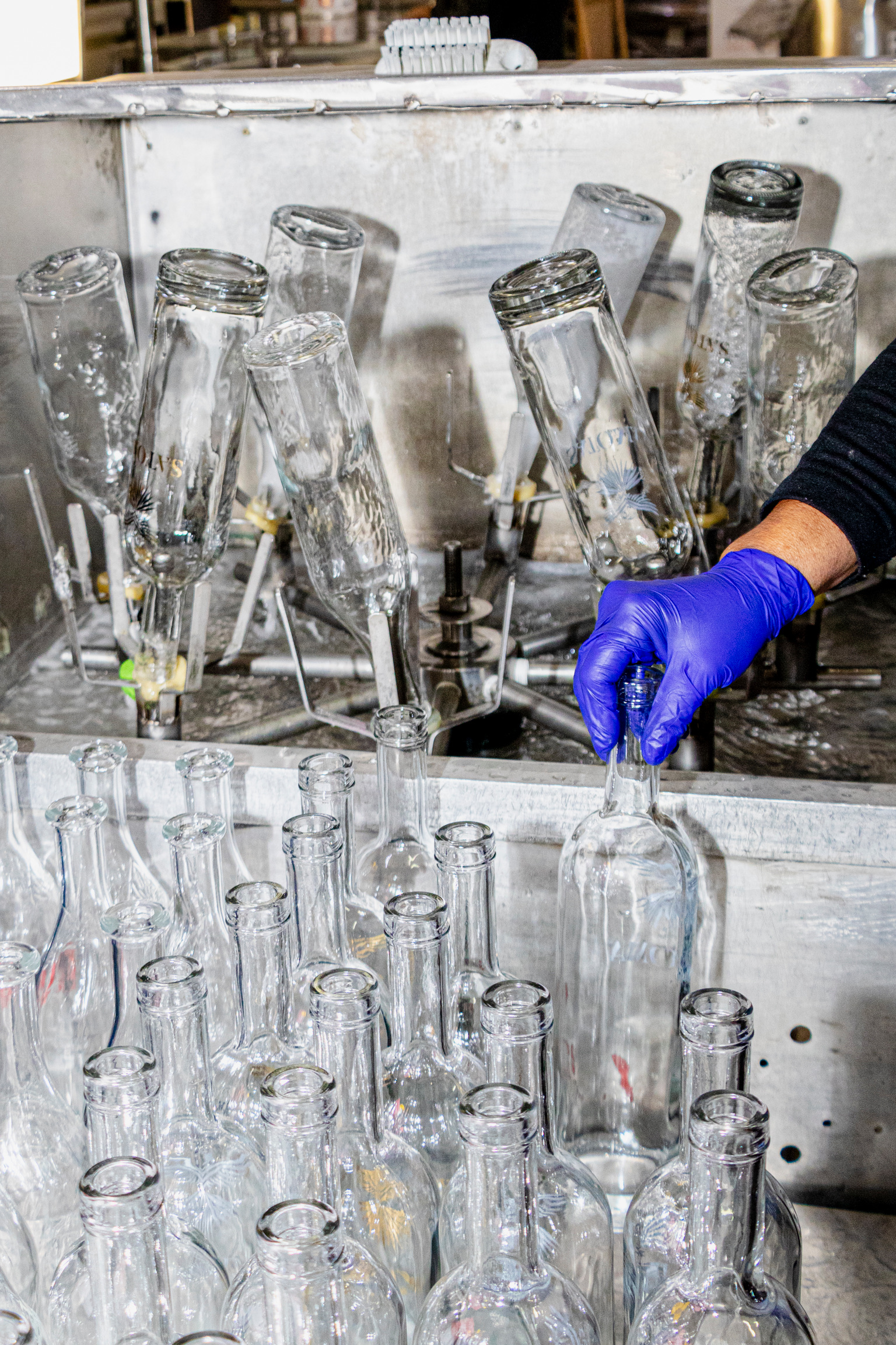 Gloved hand placing bottles