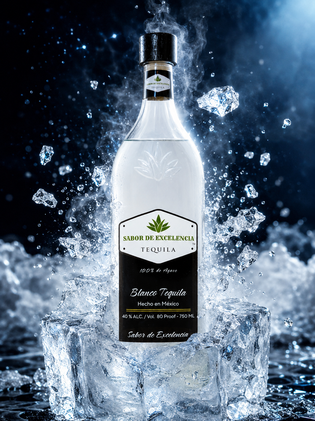 Sabor de Excelencia Blanco premium shot on ice with water splash