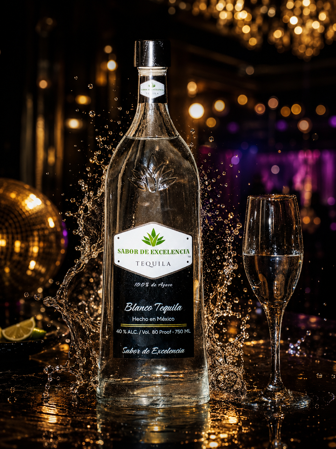 Sabor de Excelencia Blanco premium bottle with glass and bokeh